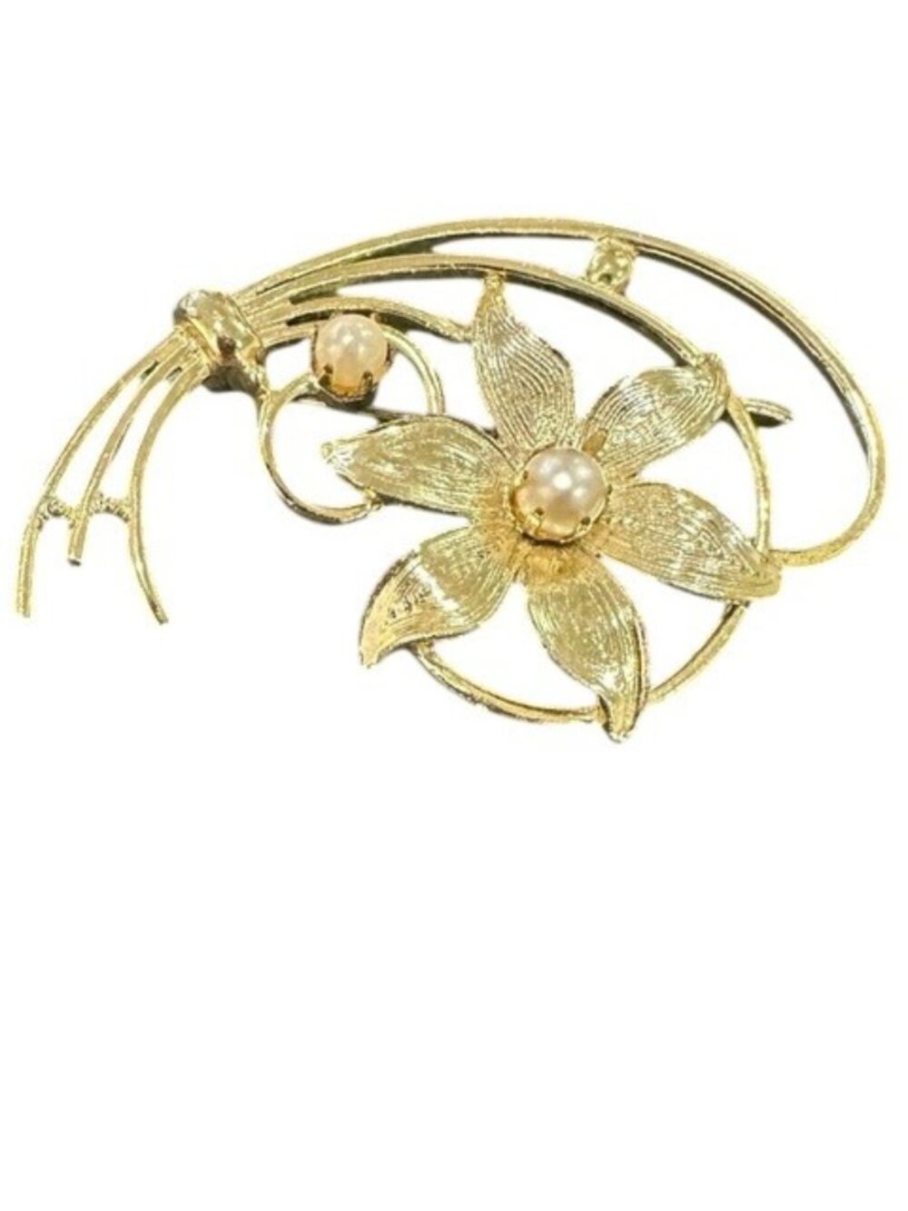 Vintage Brooch Flower Scroll Shaped Gold Tone Faux Pearl Center Womens Jewelry